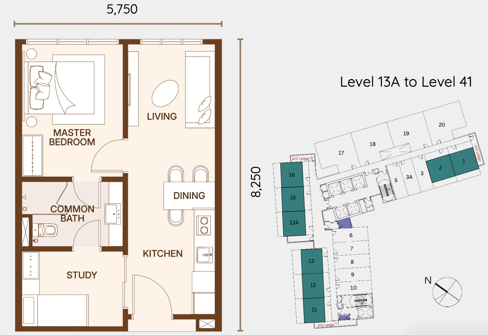 Coronade Twins Type B Floor Plan - 511 sqft 1 plus 1 Bedroom layout with study room