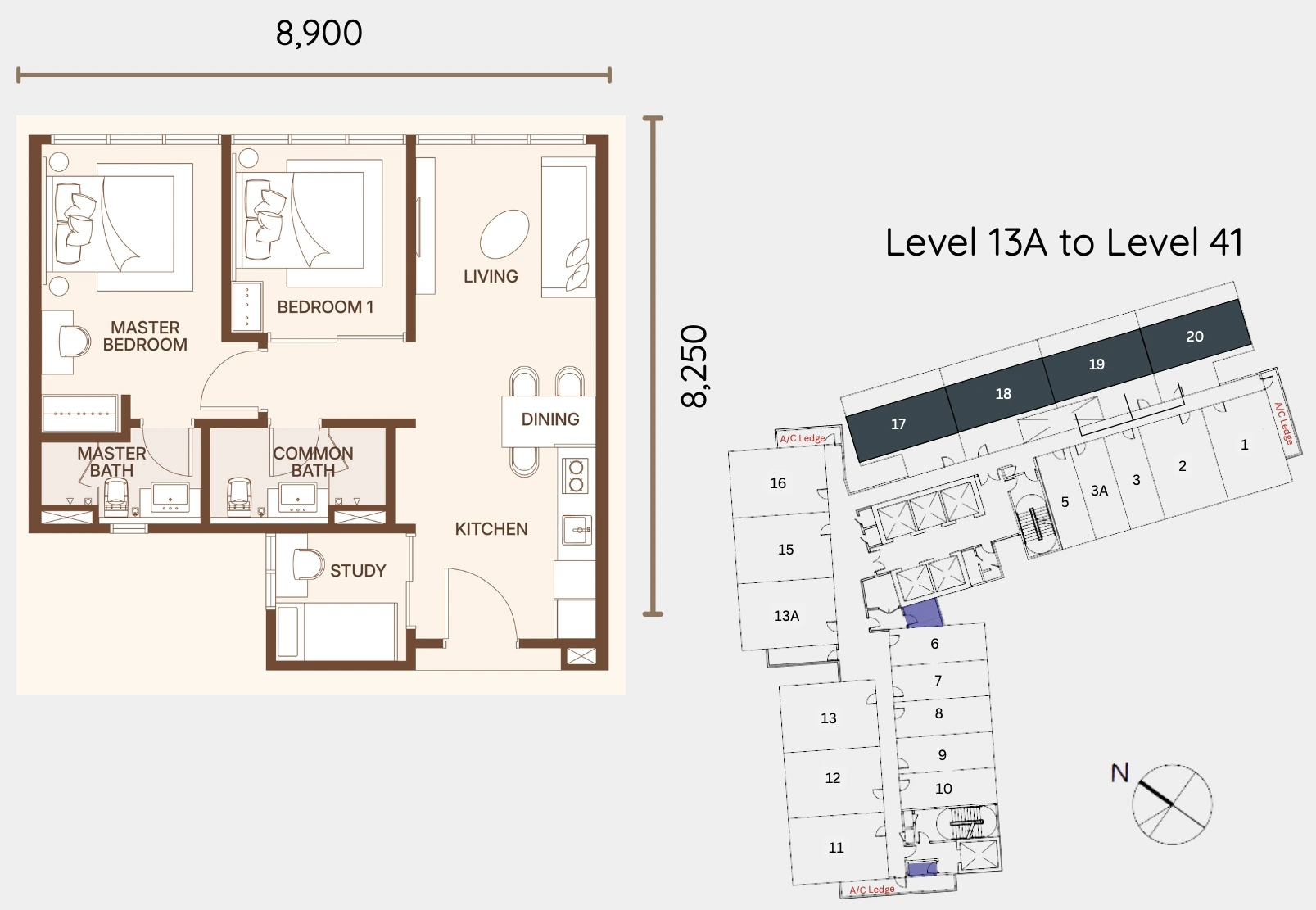 Coronade Twins Type C Floor Plan - 705 sqft 2 plus 1 Bedroom 2 Bathroom family layout