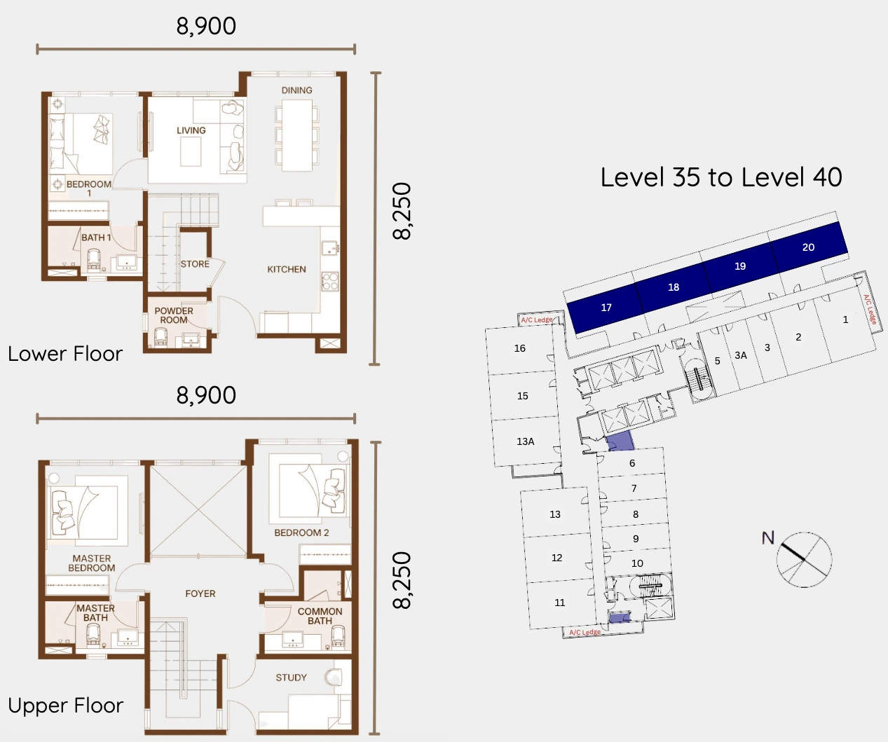 Coronade Twins Type D Floor Plan - 1230 sqft 3 plus 1 Bedroom Duplex luxury layout